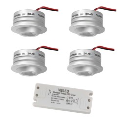 Set of 4 Fisheye 3W LED Spotlight 3000K 12VDC Swivel Silver with LED Transformer