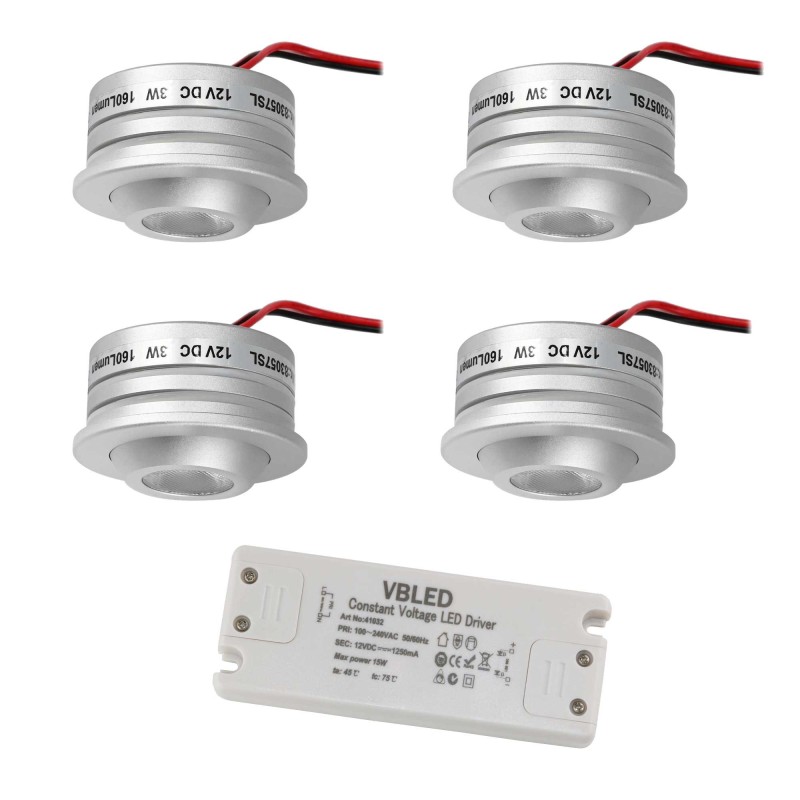 Set of 4 Fisheye 3W LED Spotlight 3000K 12VDC Swivel Silver with LED Transformer