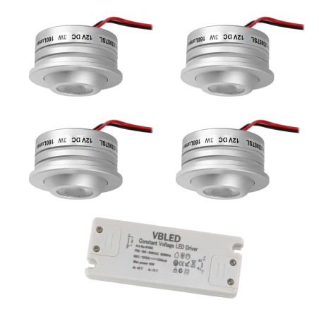 Set of 4 Fisheye 3W LED Spotlight 3000K 12VDC Swivel Silver with LED Transformer