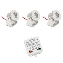 Set of 3 1W Mini Surface Mounted Spotlights Rotating & Swivelling 80lm warm white with 6W 12VDC power supply unit