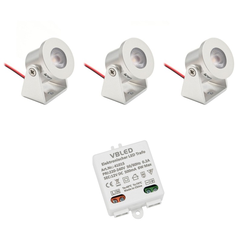 Set of 3 1W Mini Surface Mounted Spotlights Rotating & Swivelling 80lm warm white with 6W 12VDC power supply unit