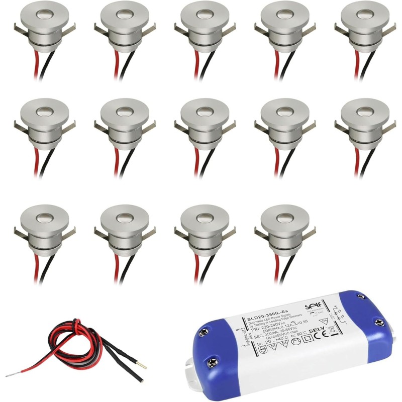 Juego de 14 mini focos empotrables de aluminio LED de 1W blanco cálido con fuente de alimentación regulable