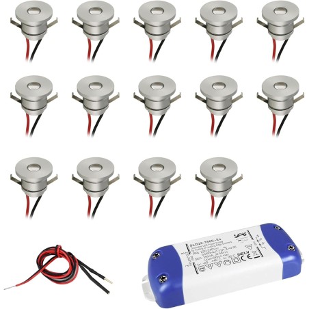 Set of 14 1W LED aluminium mini recessed spotlights warm white with dimmable power supply unit