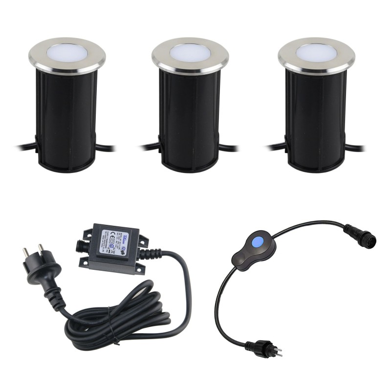 Set of 3 LED stainless steel recessed floor lights