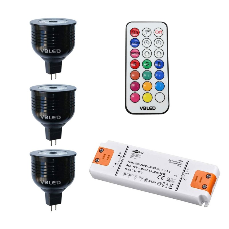 SET of 3 - 7W RGB+W LED bulbs / 12V AC/DC / MR16/GU5.3 / dimmable (4 levels) incl. remote control