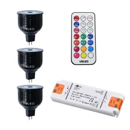 SET of 3 - 7W RGB+W LED bulbs / 12V AC/DC / MR16/GU5.3 / dimmable (4 levels) incl. remote control