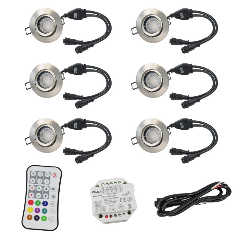 Set of 6 RGBW LED recessed lights with controller and remote control 12VDC