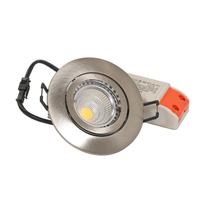 Recessed spotlight set with 5W LED modules dimmable mains adapter and mounting frame in brushed silver optics round