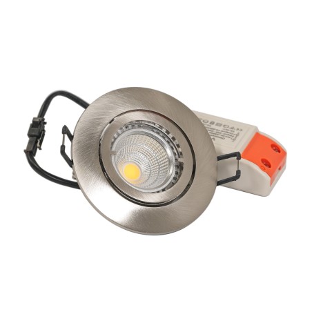 Recessed spotlight set with 5W LED modules dimmable mains adapter and mounting frame in brushed silver optics round