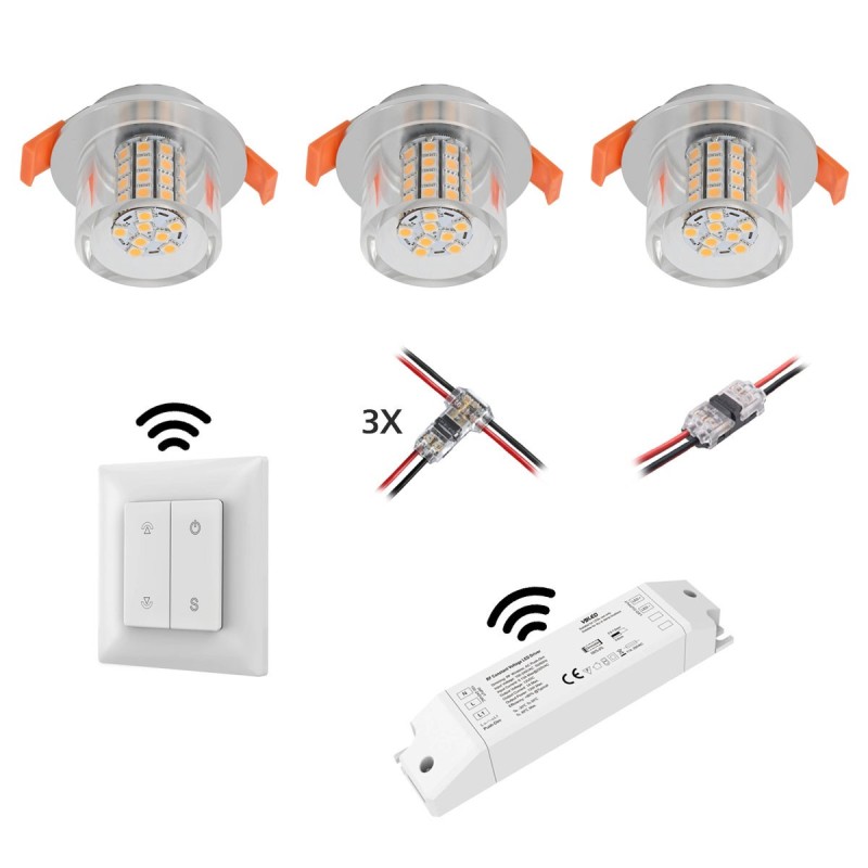 Set of 3 LED recessed luminaires with G4 bulb 12V 6W 3000K 500Lumen with radio power supply and remote control Set of 3 LED recessed luminaires with G4 bulb 12V 6W 3000K 500Lumen with radio power supply and remote control